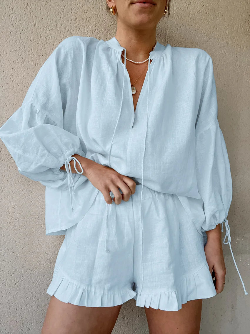 Casual Lantern Sleeve Top Short Pants Cotton and Linen Two-piece Set