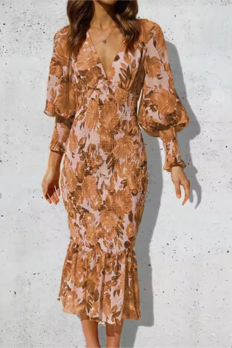 Serena | Women's Printed V-Neck Fishtail Dress