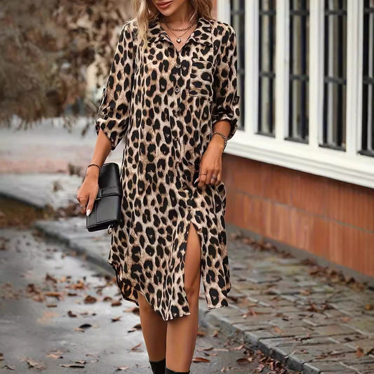 LD leopard print beach cover-up V-neck bathrobe vacation bikini dress