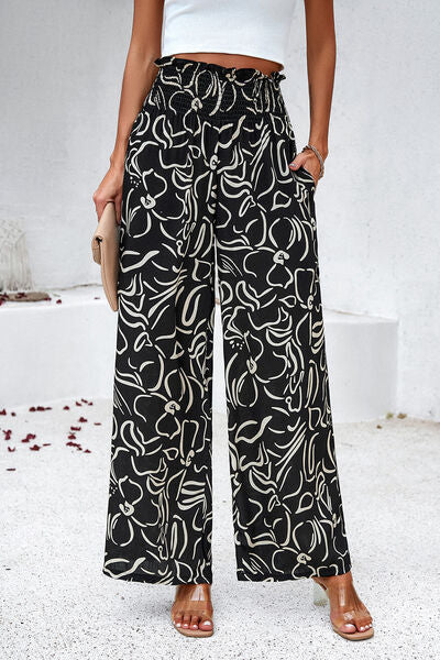 Printed wide-leg pants with smock and pockets