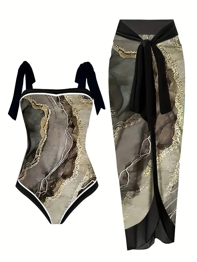 Elegant swimsuit & skirt with marble print in one piece