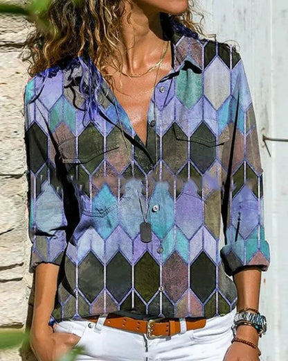 LP MW color-blocked top with casual collar and long sleeves