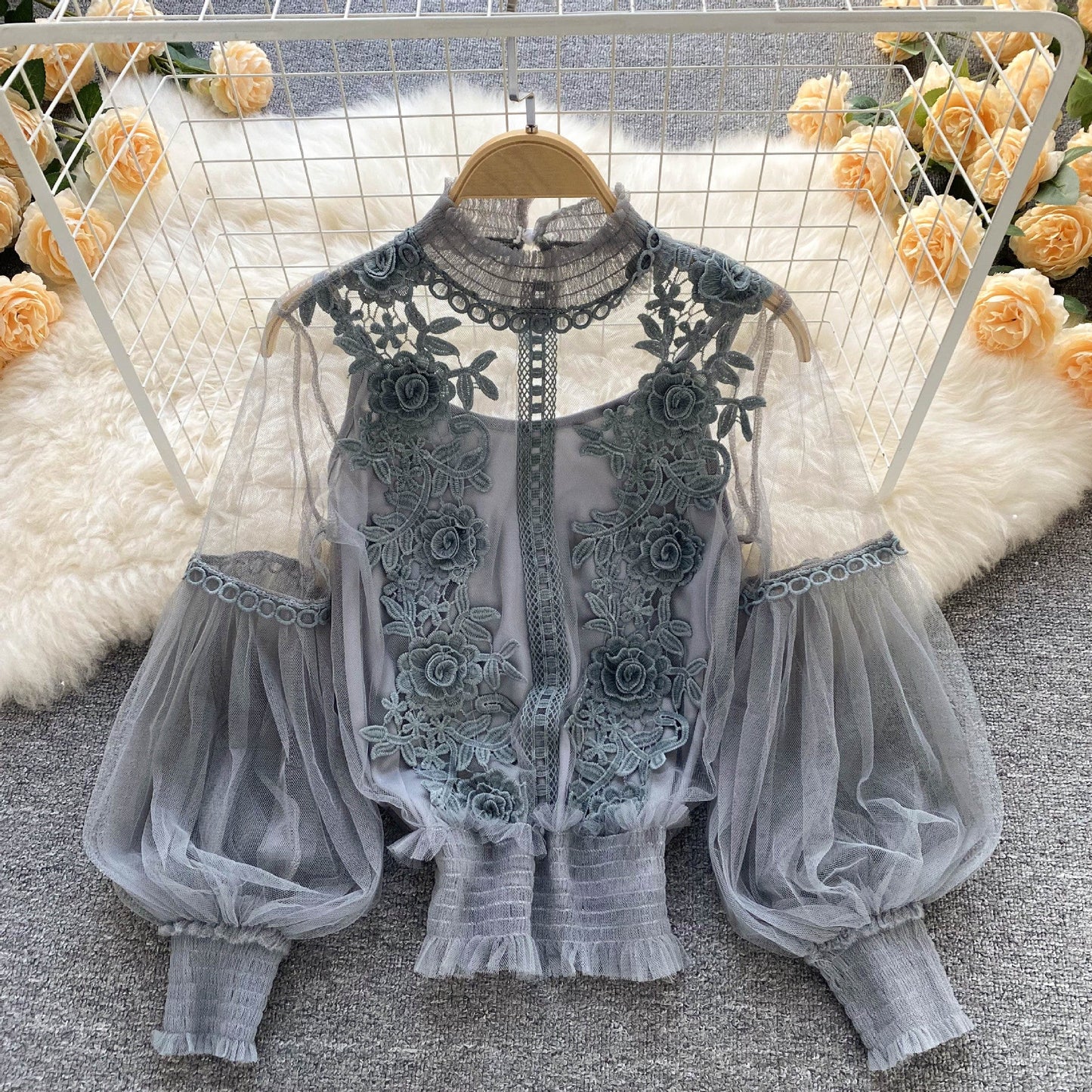 LP | Perspective Mesh Gauze Lantern Sleeve Thin Short Top Female Lace Leggings Petticoat