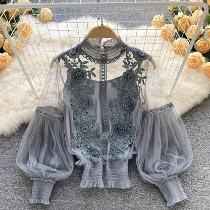 LP | Perspective Mesh Gauze Lantern Sleeve Thin Short Top Female Lace Leggings Petticoat