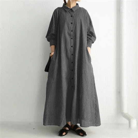 LP | Boheme pink striped dress with long sleeves and button closure.