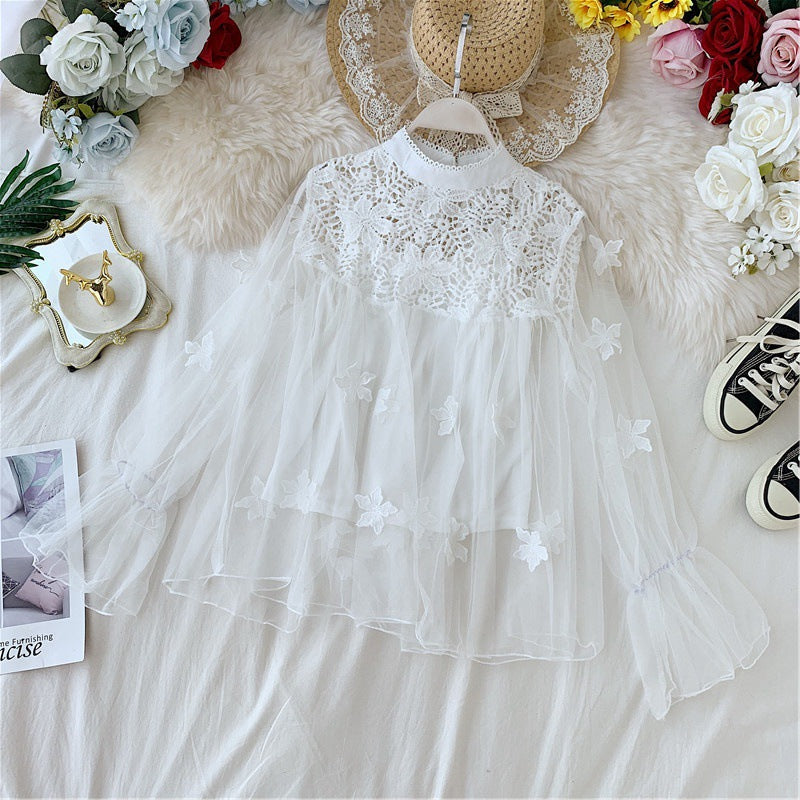 LP | Perspective Mesh Gauze Lantern Sleeve Thin Short Top Female Lace Leggings Petticoat