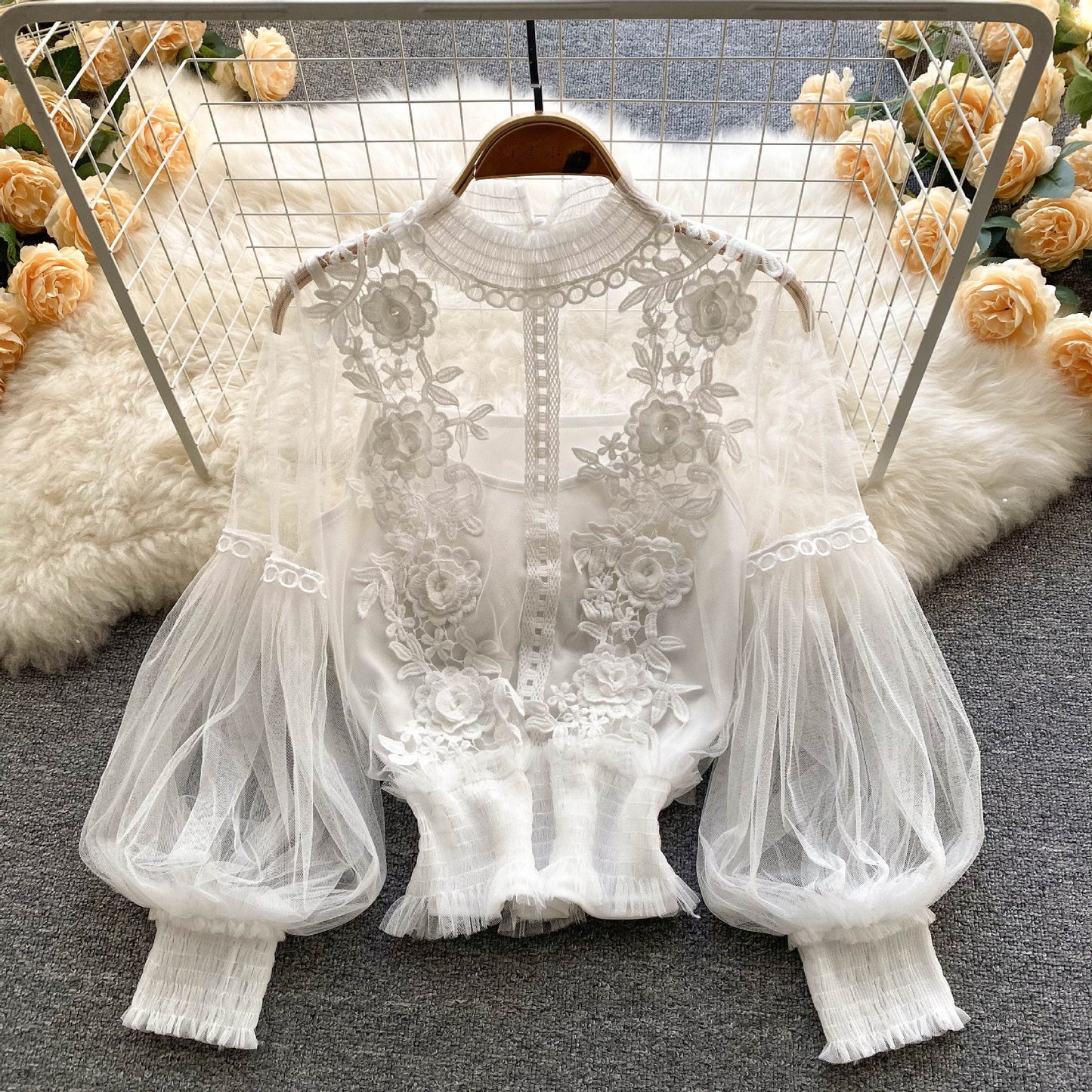 LP | Perspective Mesh Gauze Lantern Sleeve Thin Short Top Female Lace Leggings Petticoat