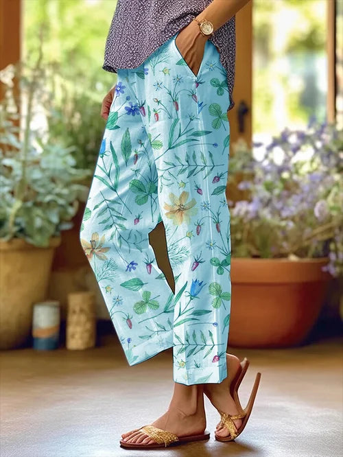 Women's Floral Pattern Loose Pocket Patchwork Casual Pants