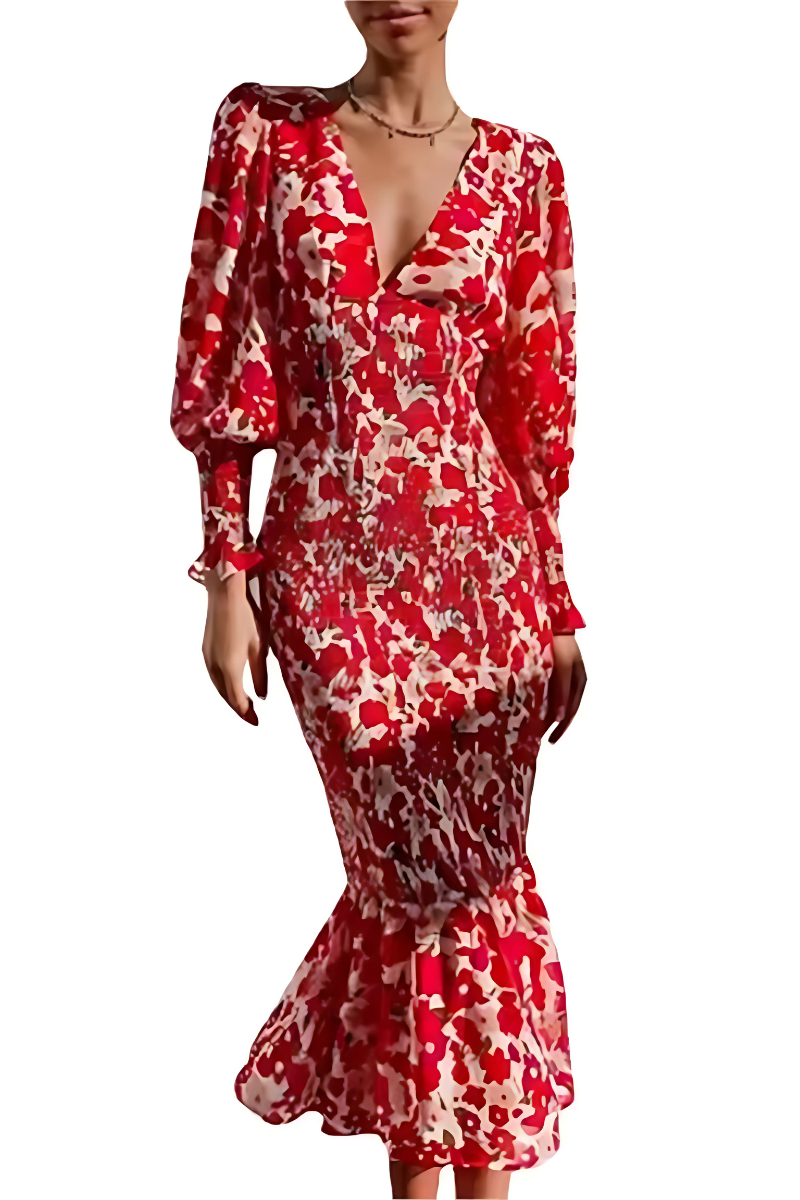 Serena | Women's Printed V-Neck Fishtail Dress