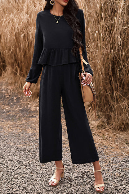 Temperament leisure suit one-color long-sleeved top loose pants