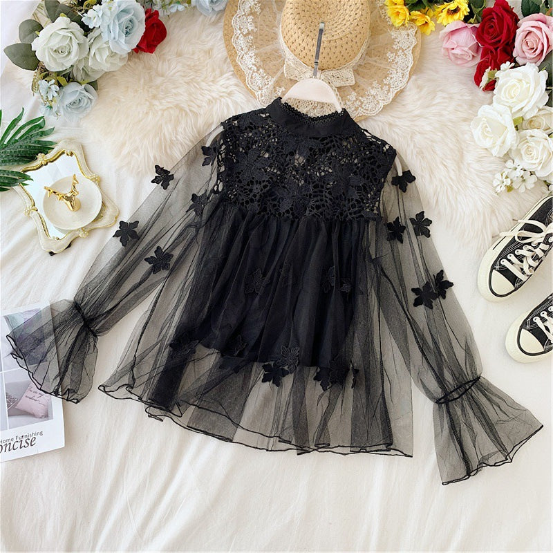 LP | Perspective Mesh Gauze Lantern Sleeve Thin Short Top Female Lace Leggings Petticoat