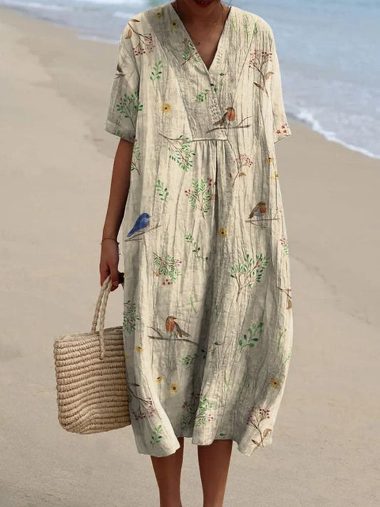 LP | Women's soft fall dress with robin branches and bird motif