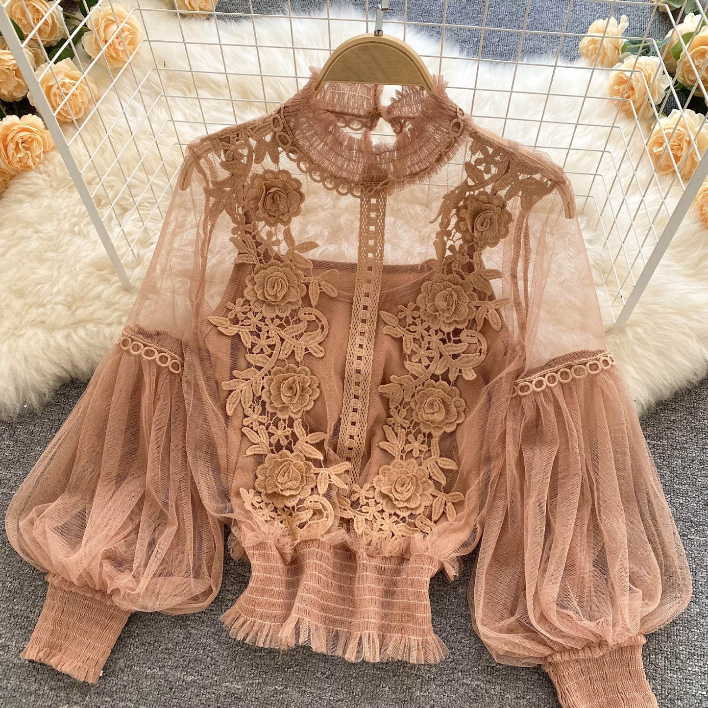 LP | Perspective Mesh Gauze Lantern Sleeve Thin Short Top Female Lace Leggings Petticoat