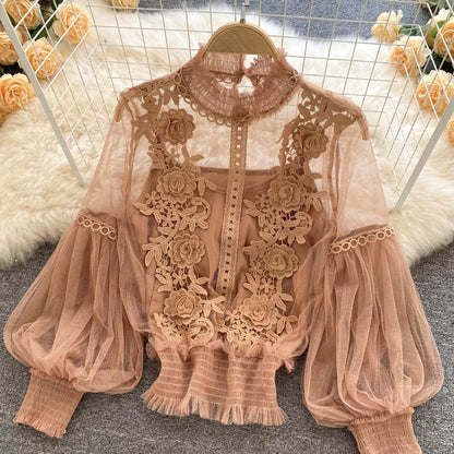LP | Perspective Mesh Gauze Lantern Sleeve Thin Short Top Female Lace Leggings Petticoat