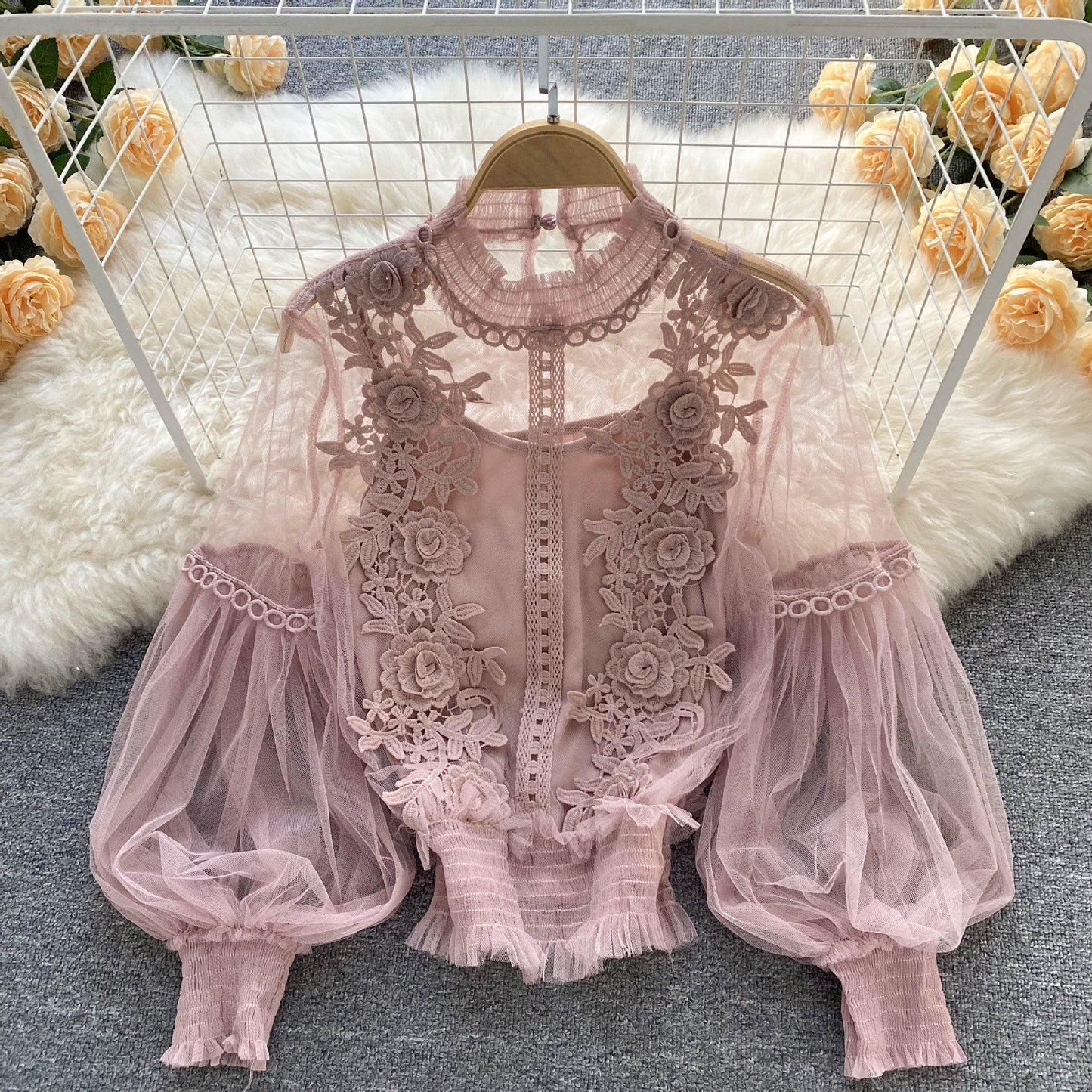 LP | Perspective Mesh Gauze Lantern Sleeve Thin Short Top Female Lace Leggings Petticoat