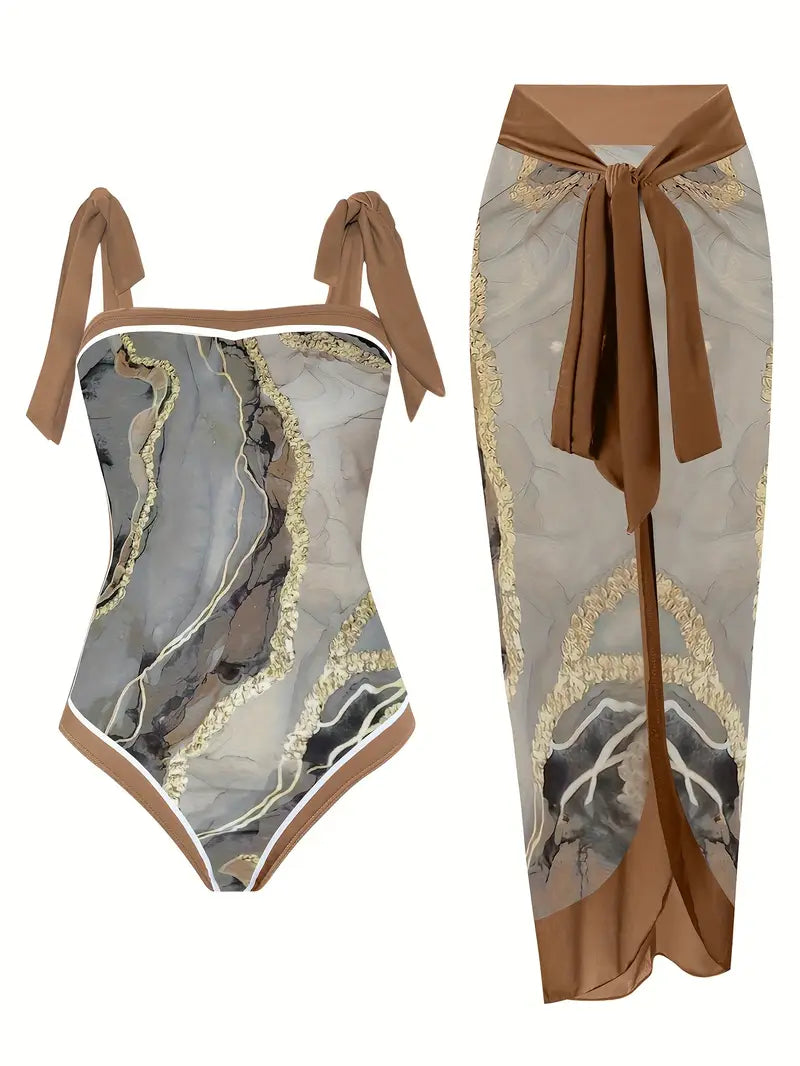 Elegant swimsuit & skirt with marble print in one piece