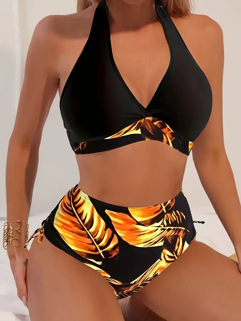 Stylish halter bikini with tropical leaf print