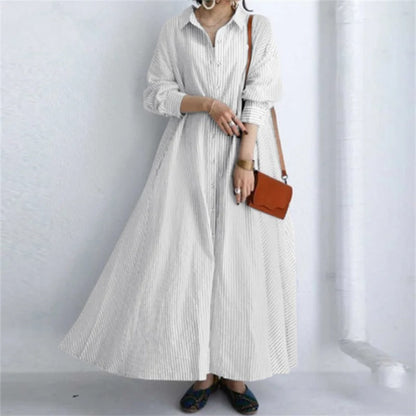 LP | Boheme pink striped dress with long sleeves and button closure.