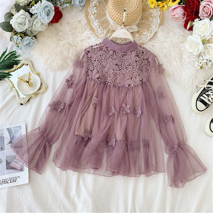 LP | Perspective Mesh Gauze Lantern Sleeve Thin Short Top Female Lace Leggings Petticoat