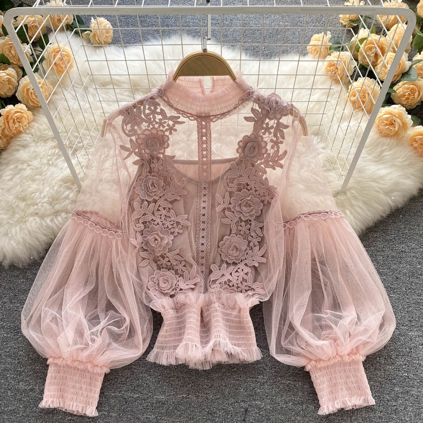 LP | Perspective Mesh Gauze Lantern Sleeve Thin Short Top Female Lace Leggings Petticoat