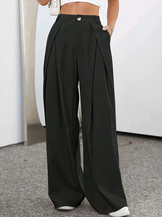Plain high-waisted band pleated pants for women