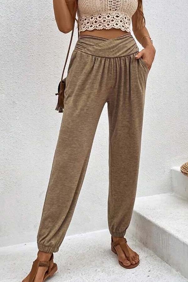 Temperament casual loose pocket high waist pants
