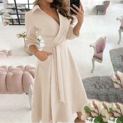 LP | Blouson dress with lapel belt lined white