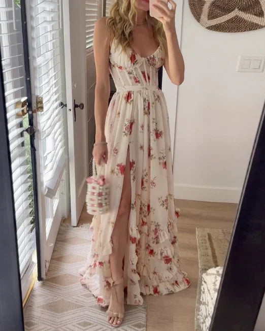 Long floral dress with flattering neckline