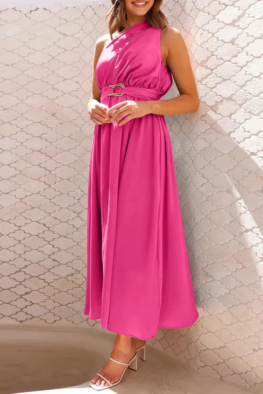 LP | Elegant evening dresses with slant neckline and large metallic decorations