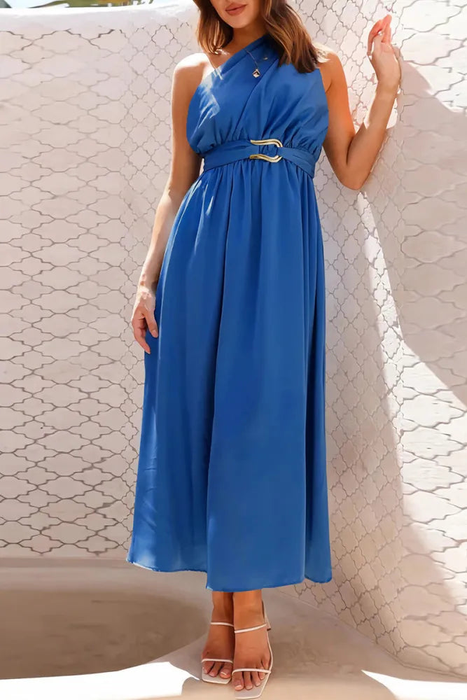 LP | Elegant evening dresses with slant neckline and large metallic decorations