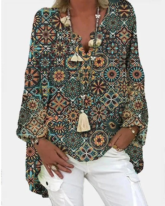 LP Women's casual blouse with geometric print and long sleeves with v-neck