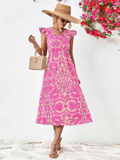 LP | Short-sleeved floral v-neck dress.