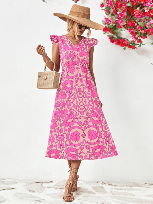 LP | Short-sleeved floral v-neck dress.