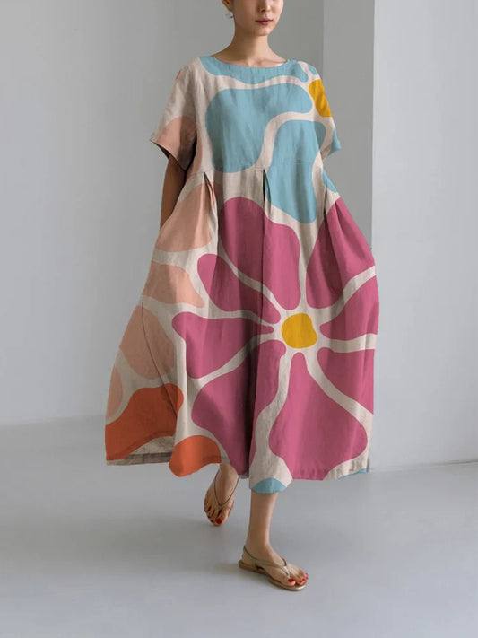 LP | Casual, loose-fitting women's dress with round neckline and floral pattern
