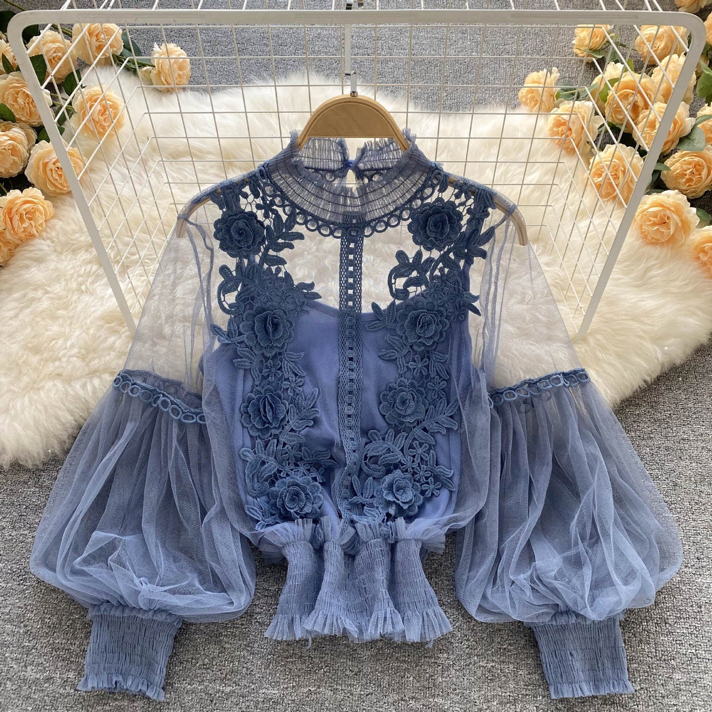 LP | Perspective Mesh Gauze Lantern Sleeve Thin Short Top Female Lace Leggings Petticoat