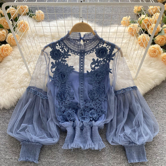 LP | Perspective Mesh Gauze Lantern Sleeve Thin Short Top Female Lace Leggings Petticoat