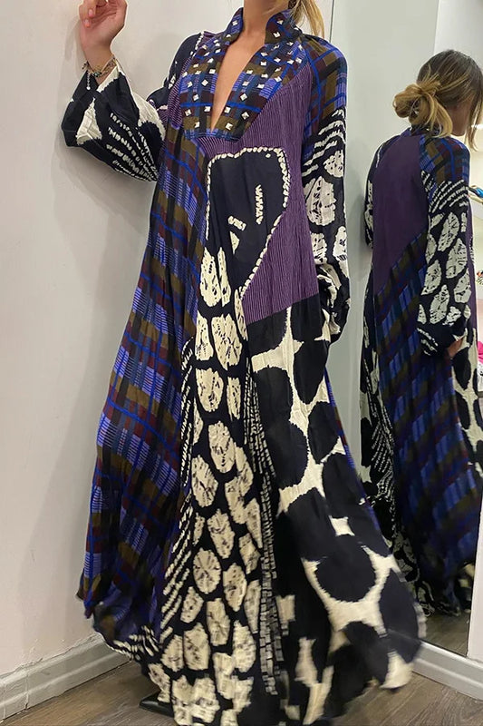 LP | Rhiane - Creative maxi dress with long sleeves, color block print and pockets