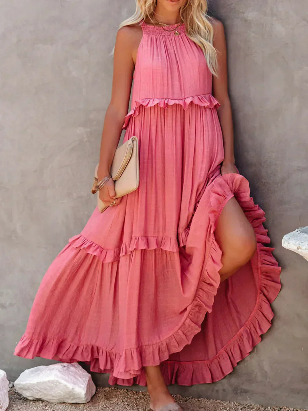 Halter maxi dress with ruffles.