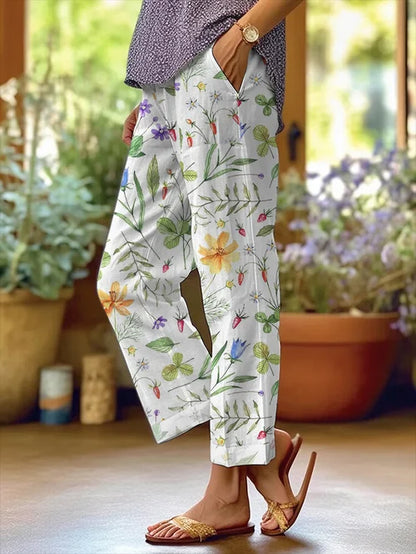 Women's Floral Pattern Loose Pocket Patchwork Casual Pants