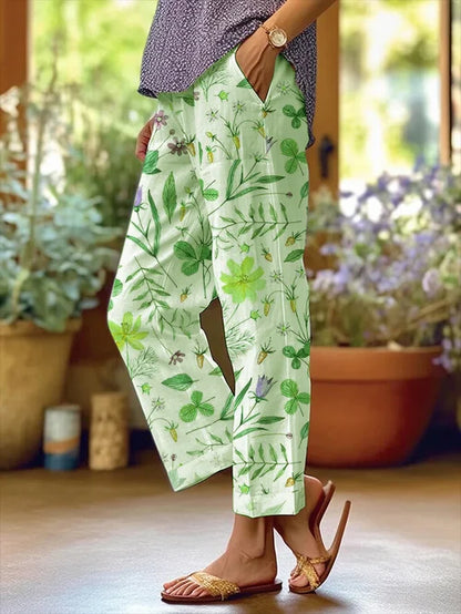 Women's Floral Pattern Loose Pocket Patchwork Casual Pants