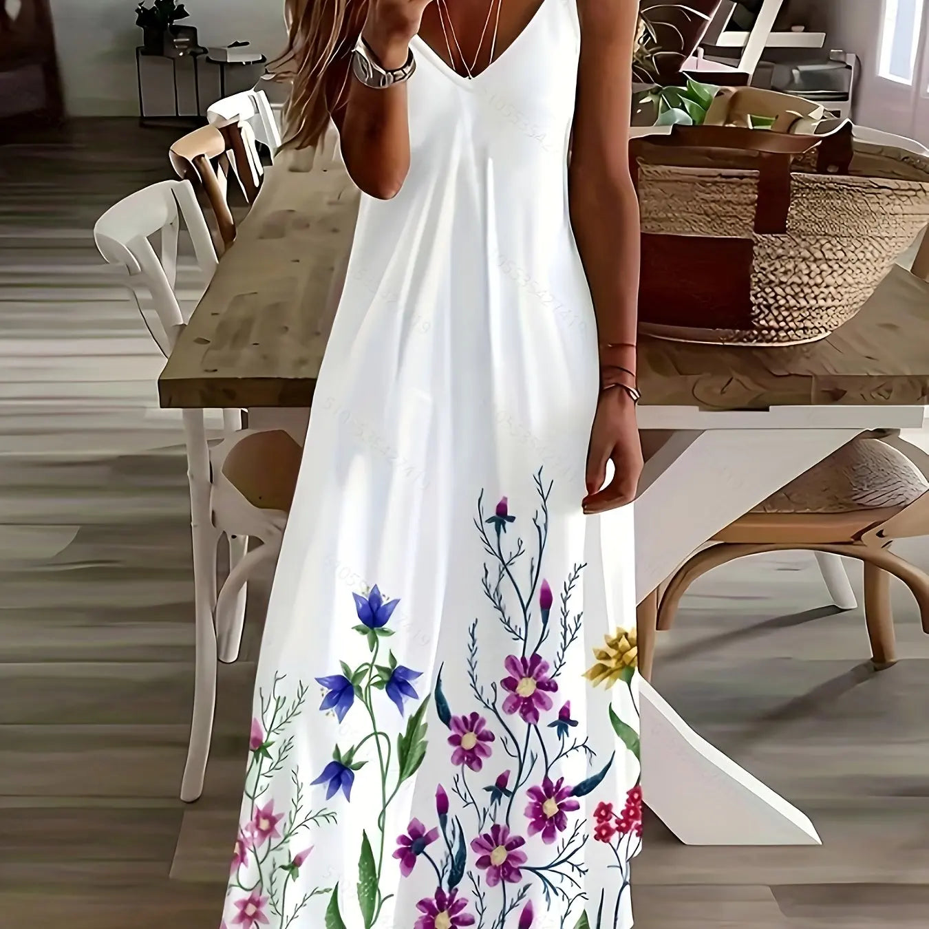 LP | Summer Fresh Floral Print Beach Holiday Casual Suspenders Dress Fashion Sleeveless Loose Long Skirt
