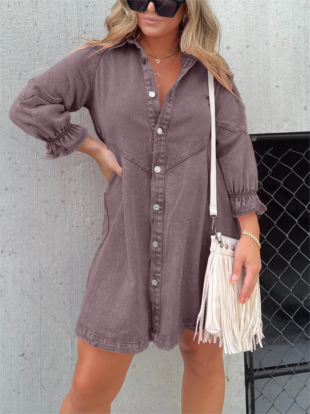 LP | Washed denim dress with puff sleeves