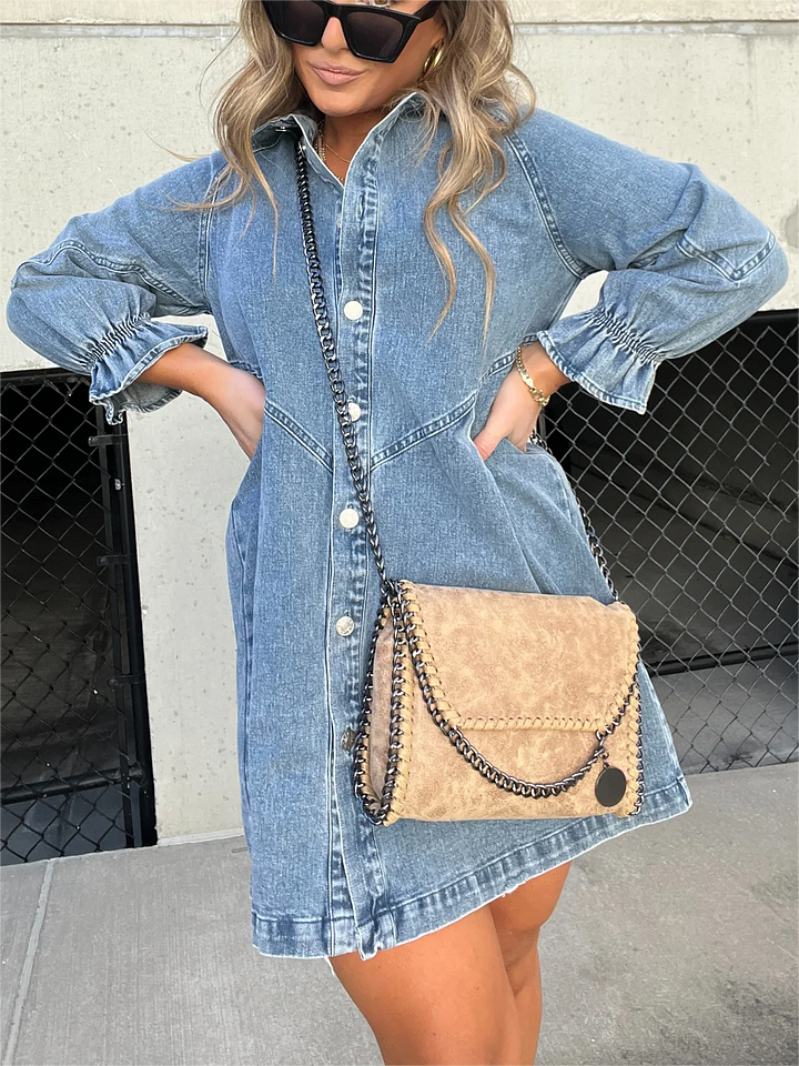 LP | Washed denim dress with puff sleeves