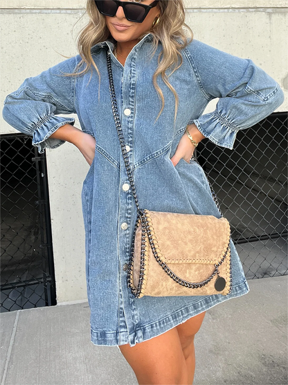 LP | Washed denim dress with puff sleeves