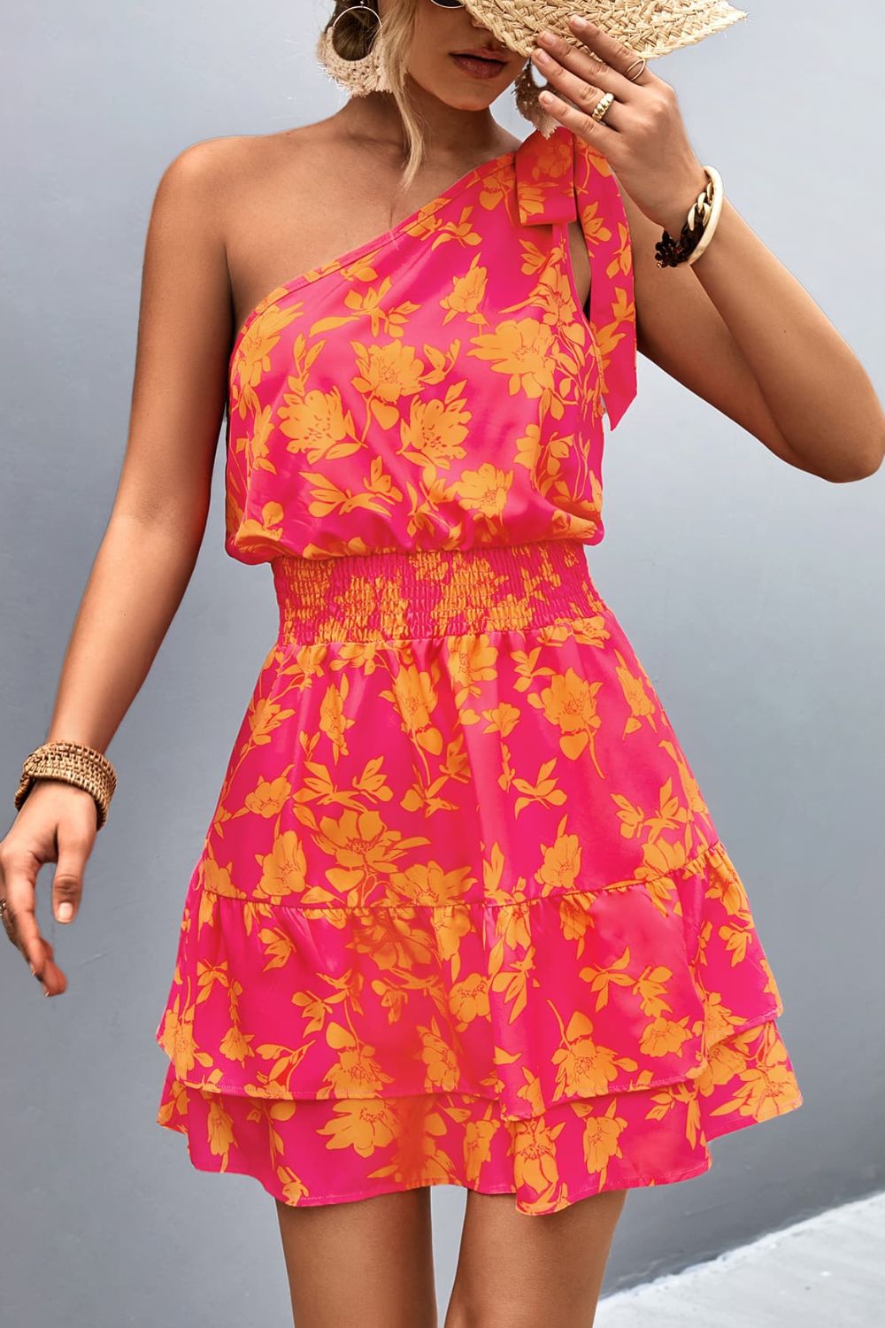 LP | One-shoulder honeycomb dress, printed and ruched