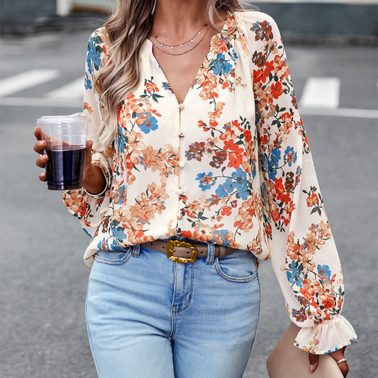 LP | Fashionable and versatile long-sleeved top with floral pattern