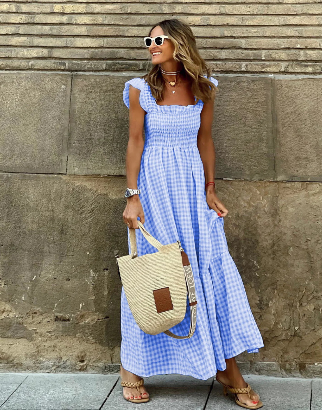 LP | Maxi dress with ruffled sleeves and checkerboard ruffles