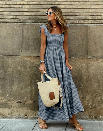 LP | Maxi dress with ruffled sleeves and checkerboard ruffles