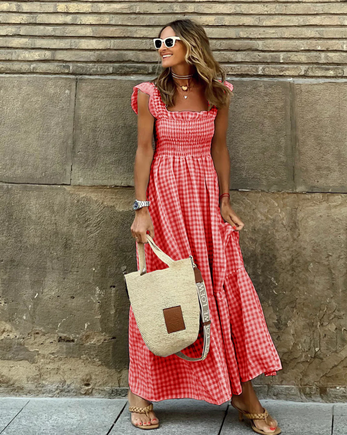 LP | Maxi dress with ruffled sleeves and checkerboard ruffles