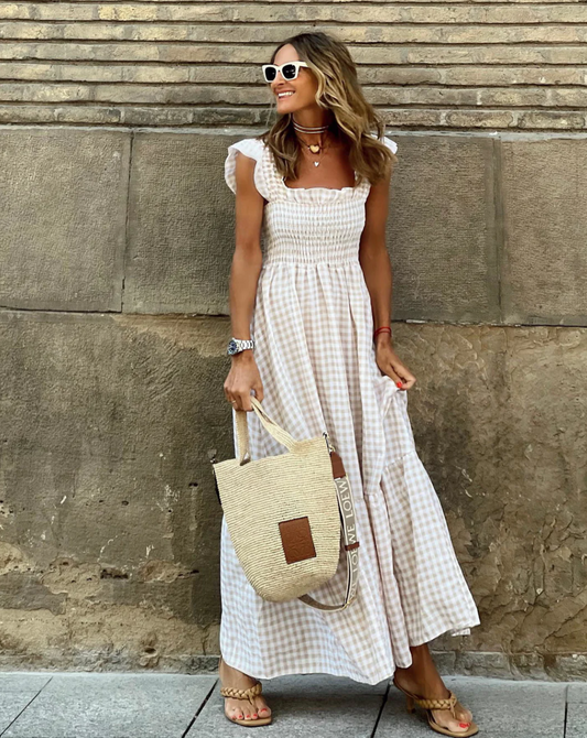 LP | Maxi dress with ruffled sleeves and checkerboard ruffles